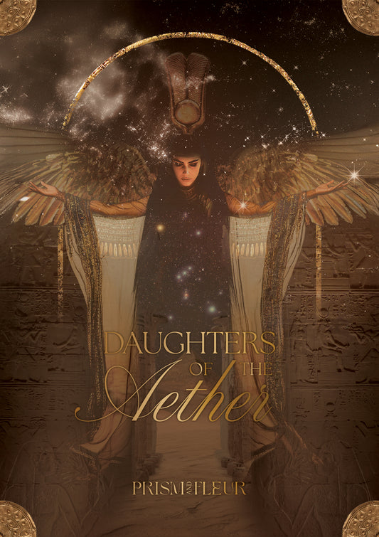 Daughters of the Aether oracle deck by Paige McLeod featuring goddess-inspired artwork, Divine Feminine symbolism, and a luxury collector's box.