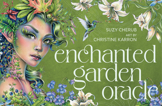 Book cover of 'Enchanted Garden Oracle' with a colorful illustration of a woman's face surrounded by flowers and foliage.