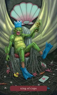 Trick or Treat Tarot deck and guidebook featuring Halloween themed Rider Waite tarot artwork. The king of cups tarot card from the Trick or treat tarot deck by Llewellyn , Barbara Moore and Johnathan Hunt . A man in fancy dress as a sea lizard sits on the throne of nets, in a relaxed manner with one leg thrown over the arm. On top of his head he wears a blue crown and holds his goblet up to say cheers 