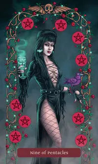 Trick or Treat Tarot deck and guidebook featuring Halloween themed Rider Waite tarot artwork. Elvira is represented in this cute Halloween tarot card as the nine of pentacles. She is surrounded by flower trellis with growing roses and red pentacles . In her hands she holds her goblet aloft and a purple bird in the other 