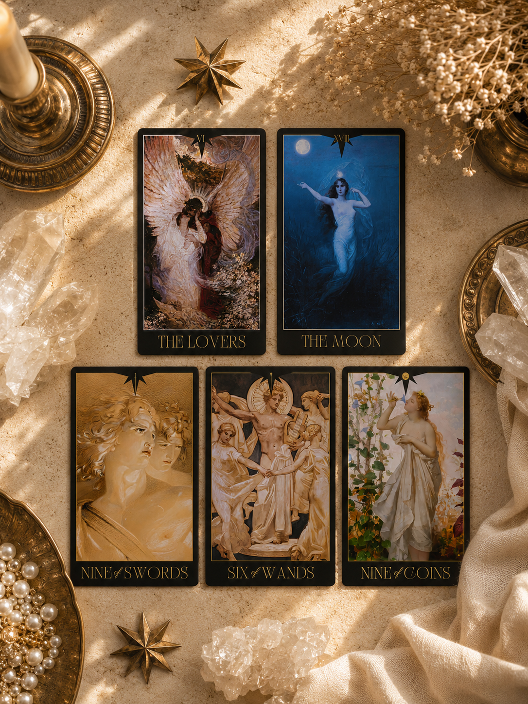 Venus Morningstar Tarot Dark Edition 2nd Edition featuring classical fine art imagery, mythological symbolism, dark borders, and premium gilded presentation.