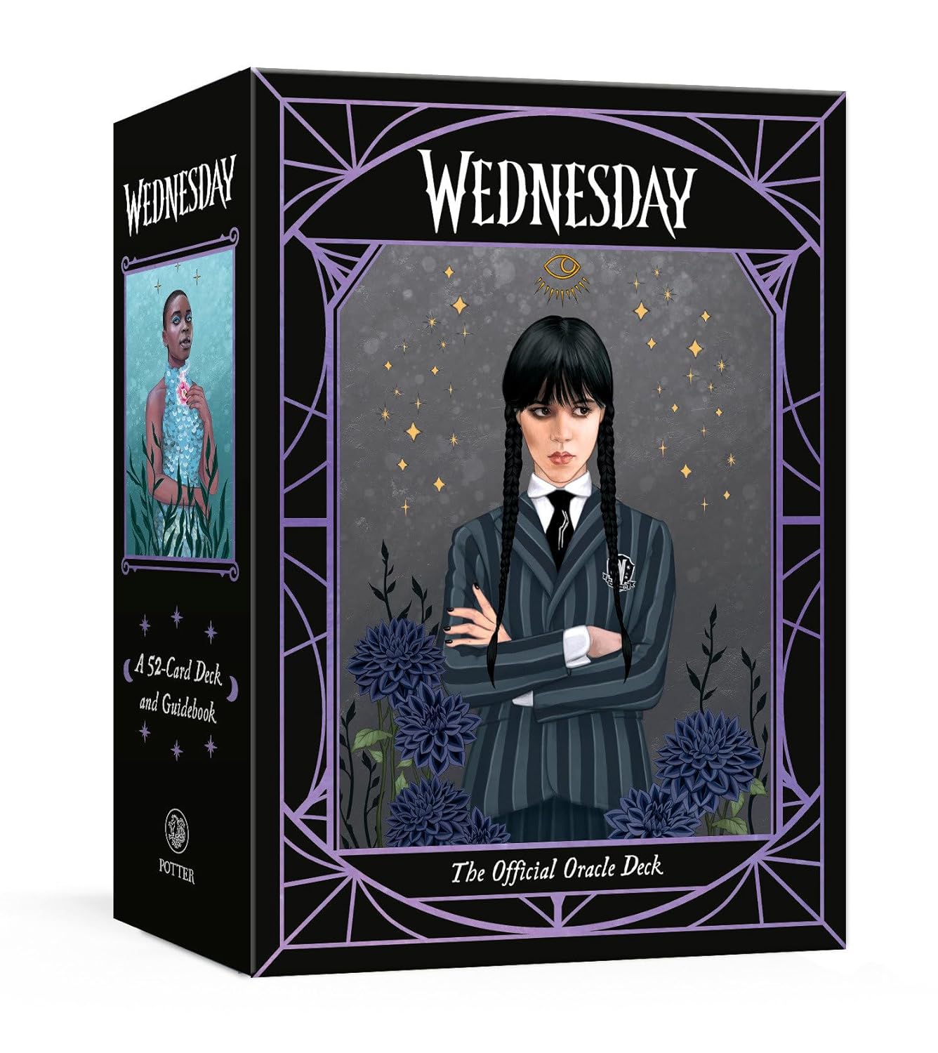 Box for 'Wednesday' oracle deck with character illustration and decorative elements.