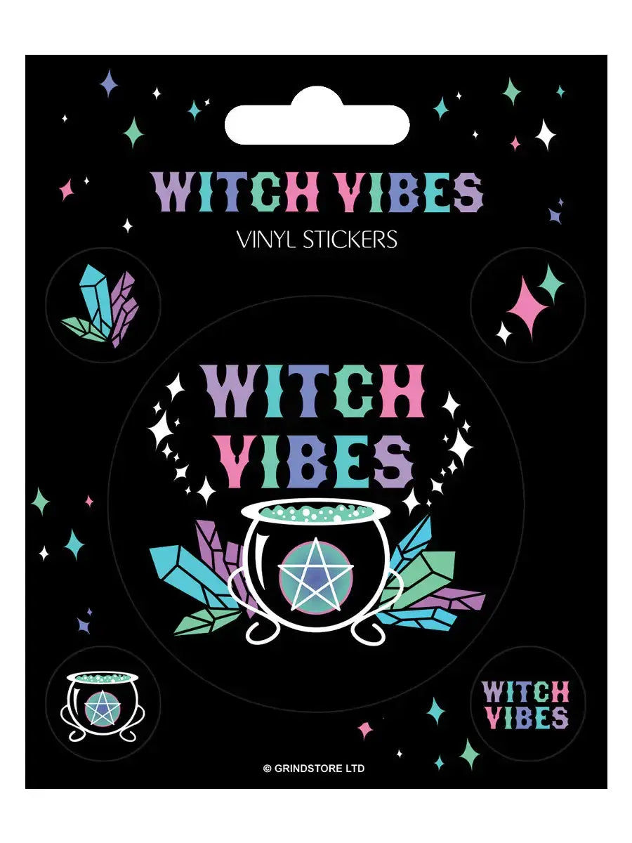 Packaging of 'Witch Vibes' vinyl stickers with colorful design on a black background.