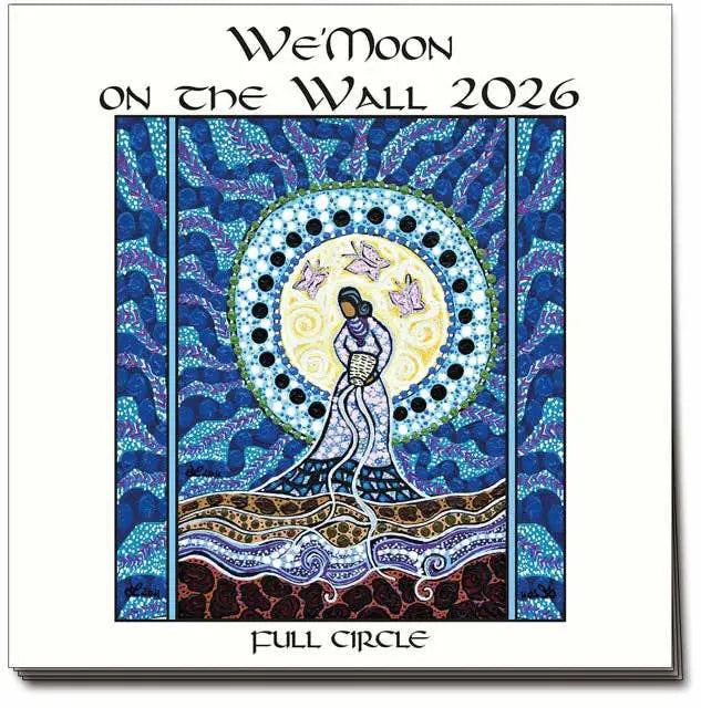 Calendar cover with artistic design of a woman and butterflies, titled 'We'Moon on the Wall 2026'.