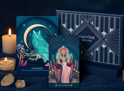 Fantème Deluxe tarot cards with candles and crystals on a dark background