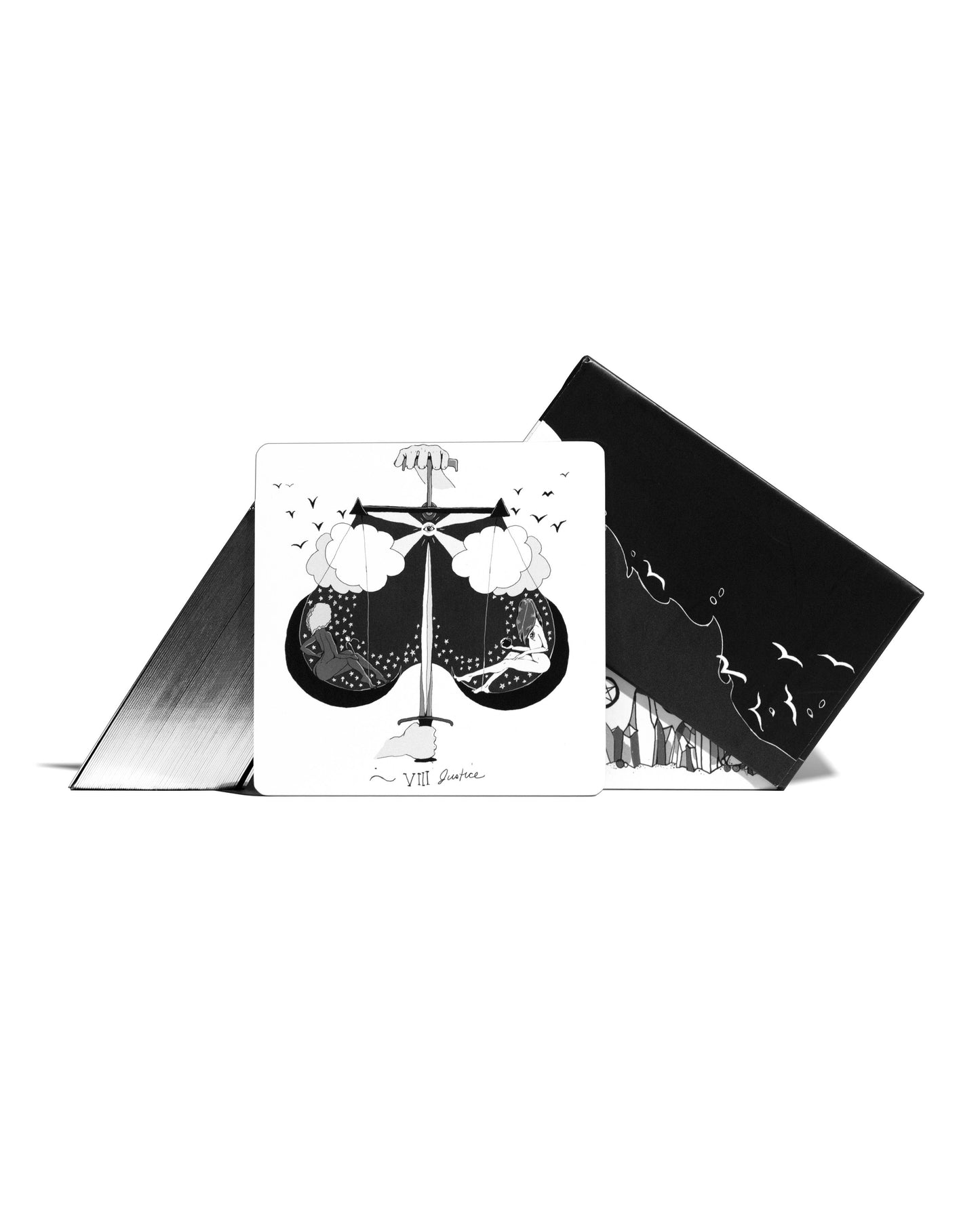 Black and white card with a design of a woman's silhouette and flowers on a white background Dark Days Tarot by Wren McMurdo Brignac featuring square black-and-white tarot cards inspired by the lunar cycle with a 180-page guidebook and collector's box.