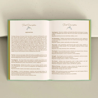 Open book with text on a light gray background Tarot Journal Bouchette and Co Oneness Emporium