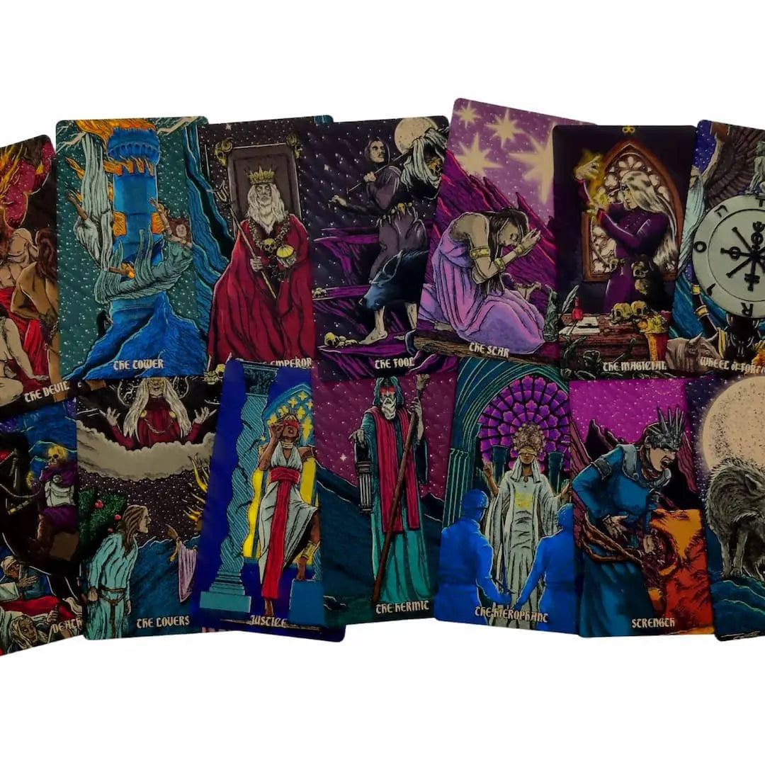 Collection of tarot cards with colorful illustrations on a white background Dark reflections tarot by La Muci Available at Oneness Emporium