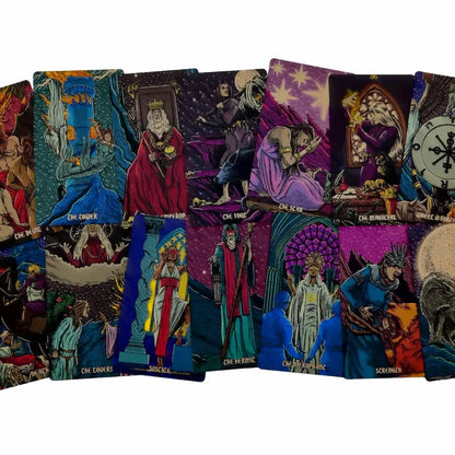 Collection of tarot cards with colorful illustrations on a white background Dark reflections tarot by La Muci Available at Oneness Emporium