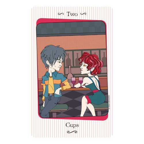 Illustration of two people at a table with 'Two Cups' text on a card-like background