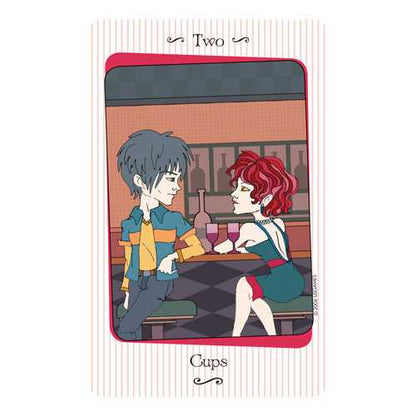 Illustration of two people at a table with 'Two Cups' text on a card-like background