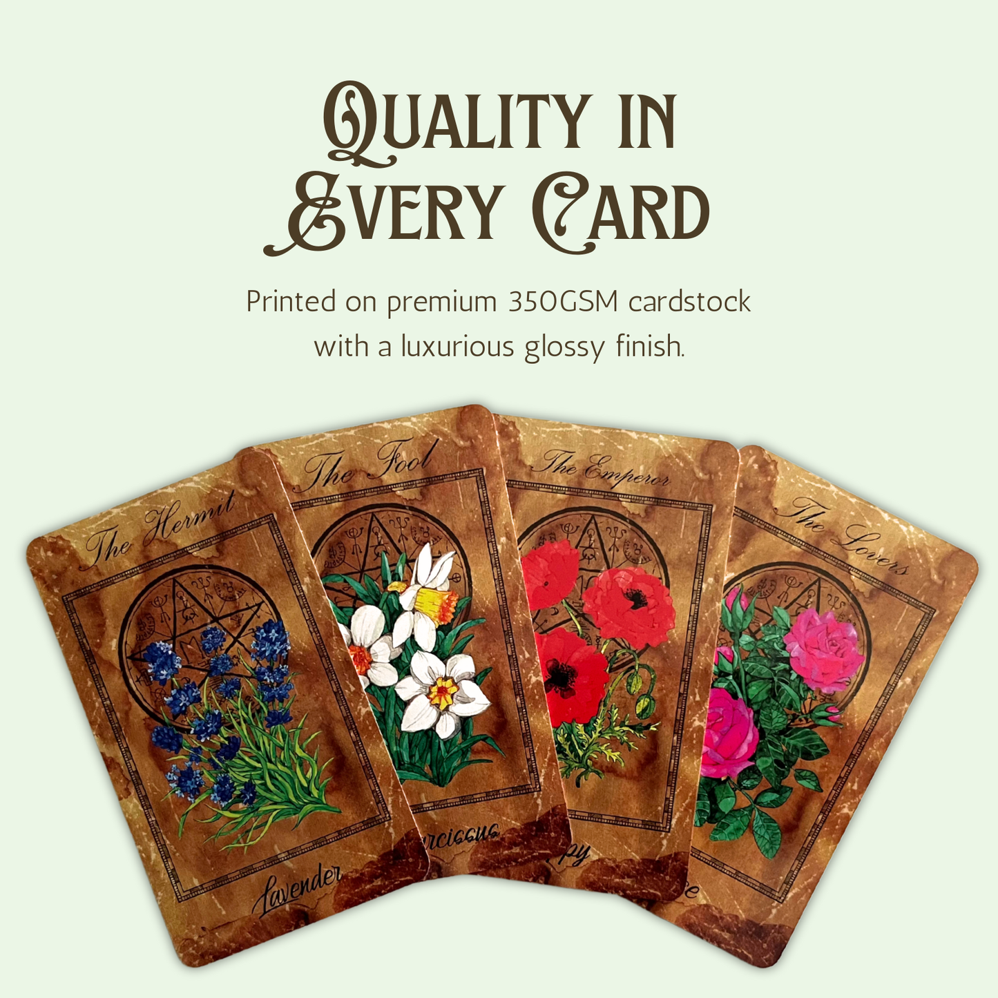 Four tarot cards with floral designs on a beige background, featuring text about card quality.