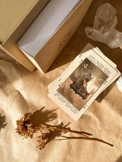 A tarot card deck with a beige box, shown with several cards laid out on parchment paper alongside dried flowers and a clear crystal cluster in warm sunlight. Lucid Dreams Beginner's Tarot Beige Edition IV by ST. SOLEIL with gold foil cards, matte gold edges and guidebook