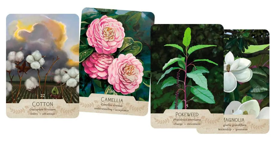 Set of four botanical oracle cards with illustrations of plants and flowers on a white background oneness Emporium