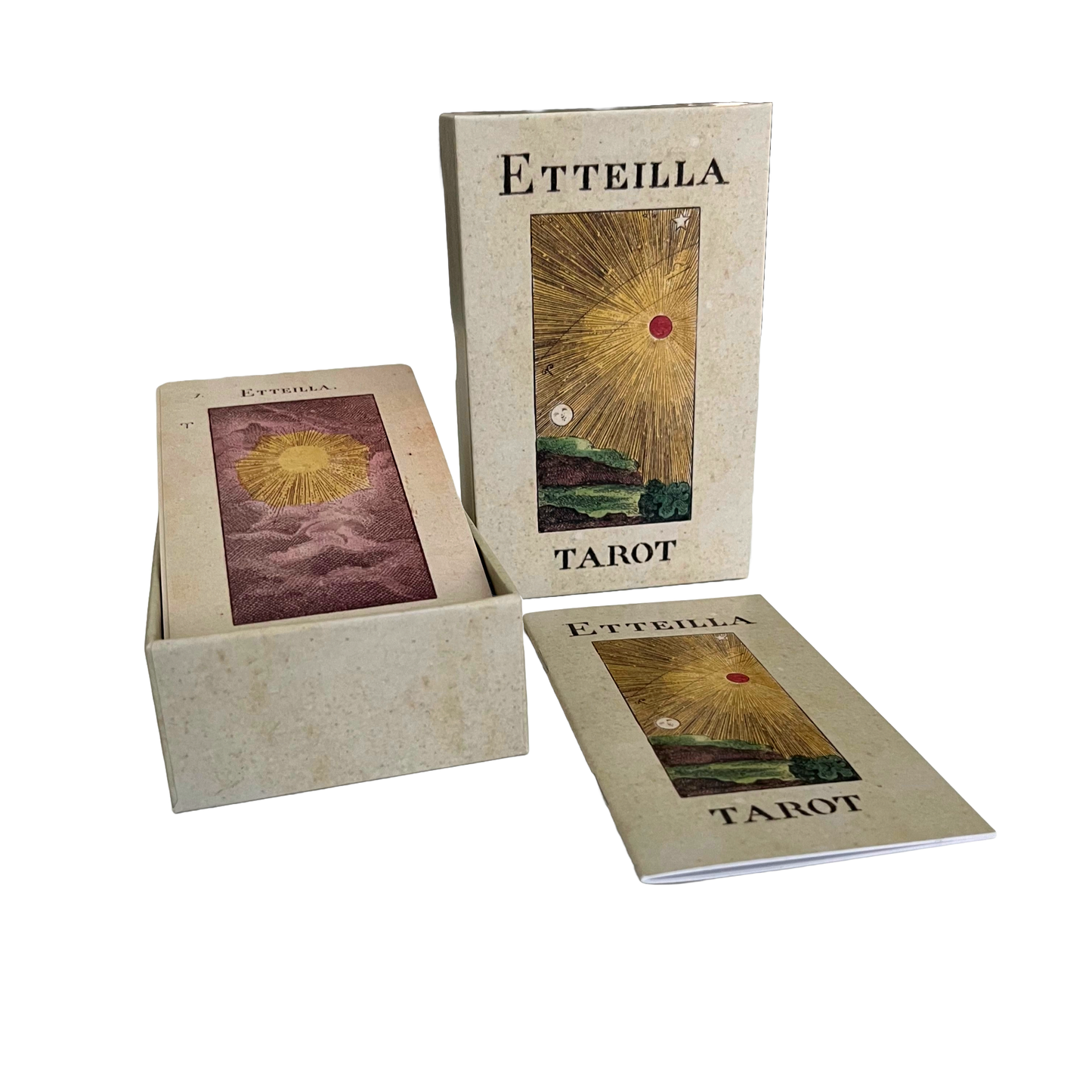 Etteilla Tarot cards in a box on a white background