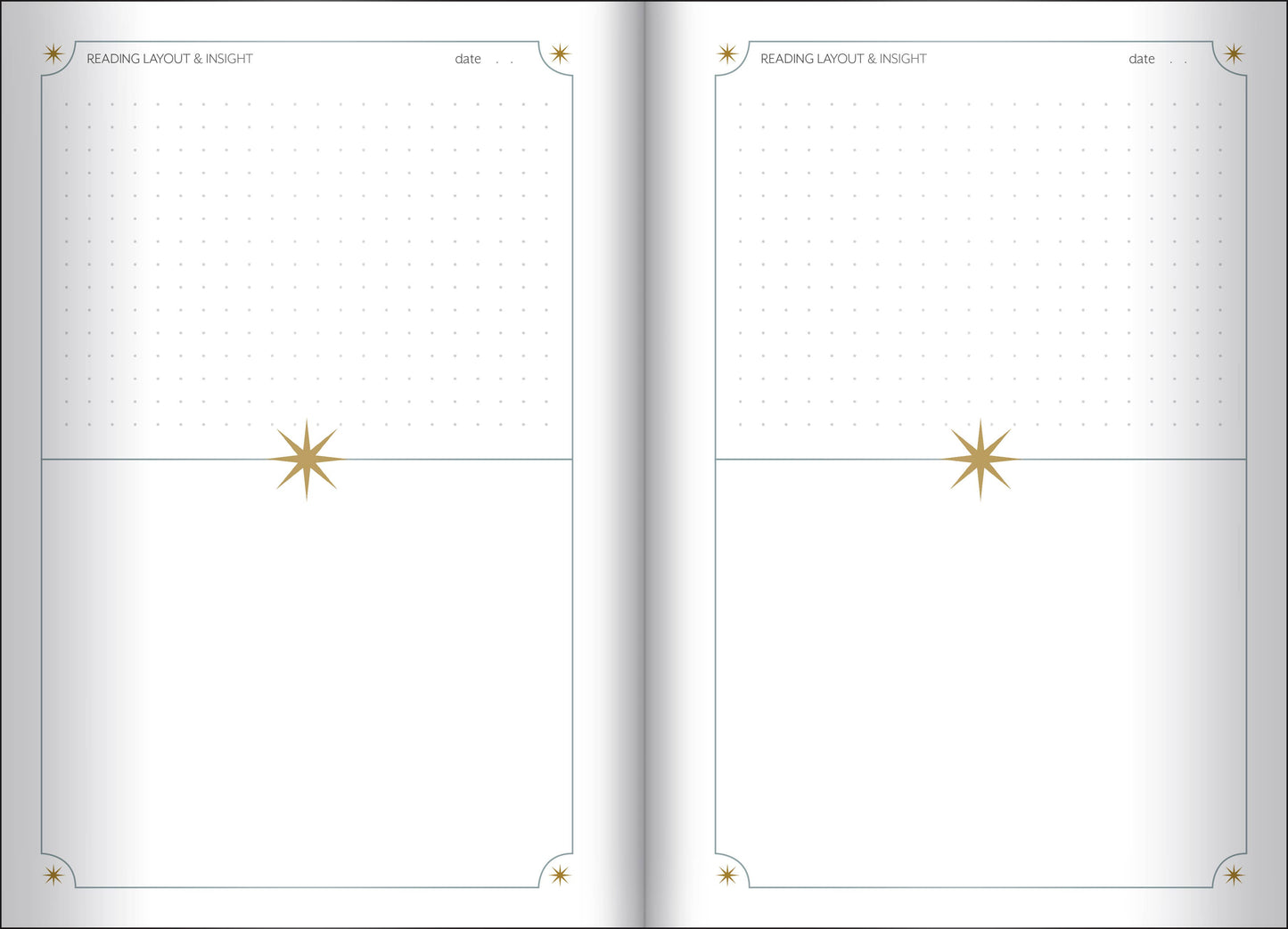 Two blank pages with star designs and grid lines on a white background