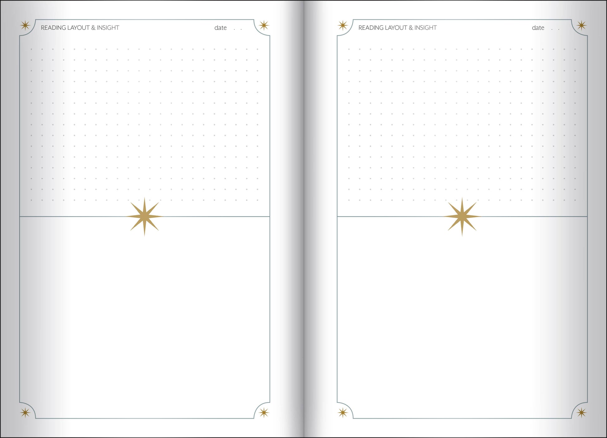 Two blank pages with star designs and grid lines on a white background