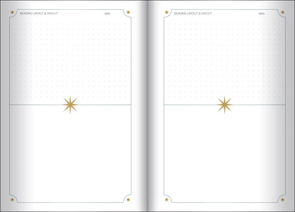 Two blank pages with star designs and grid lines on a white background
