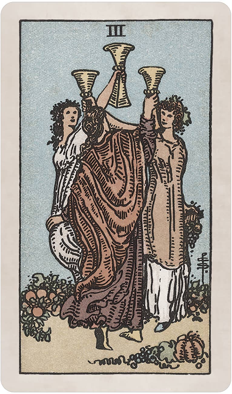 Tarot card with three figures holding cups against a light blue background Pamela Colman Smith's RWS Tarot Deck Soft Color Edition by U.S. Games Systems featuring muted vintage colours, ivory borders, and the original Rider-Waite-Smith artwork.