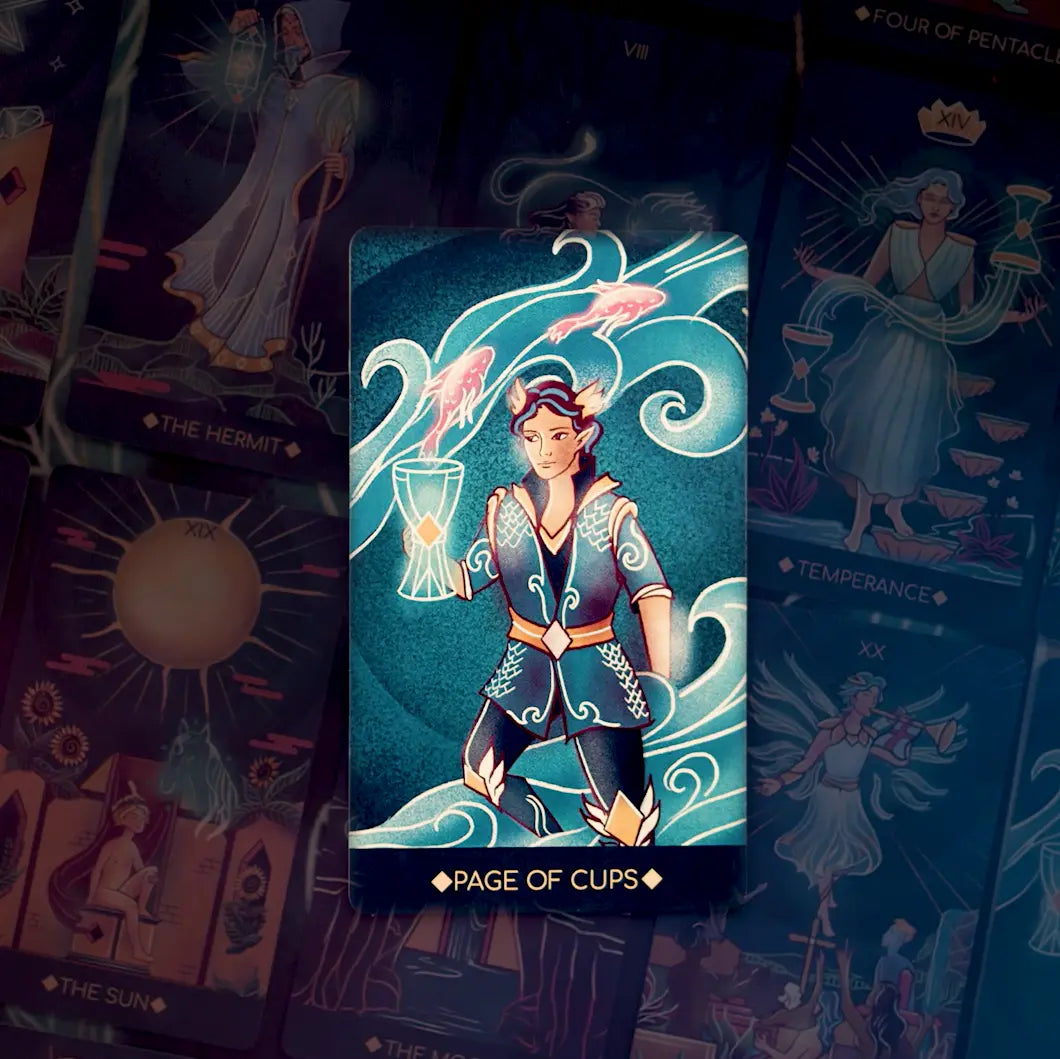 Tarot card titled 'Page of Cups' with a character holding a cup, surrounded by other tarot cards.