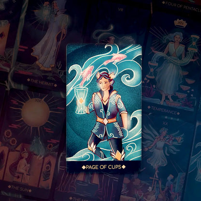 Tarot card titled 'Page of Cups' with a character holding a cup, surrounded by other tarot cards.