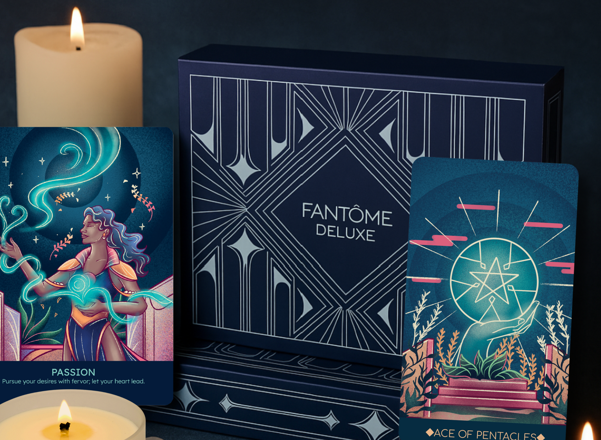 Fantème Deluxe tarot cards with a dark background and candles.