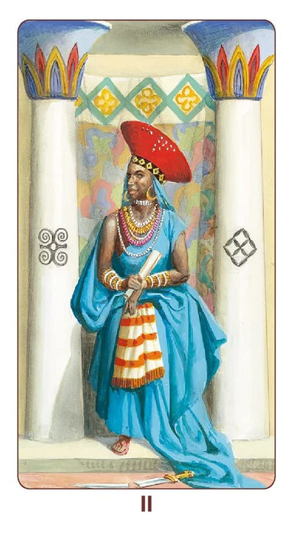 Card from a tarot deck featuring a figure in blue robes and a red headdress.