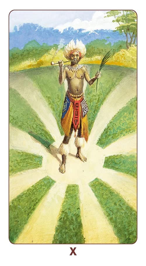 Card from a tarot deck showing a figure in a colorful outfit standing in a field with a 'X' at the bottom.