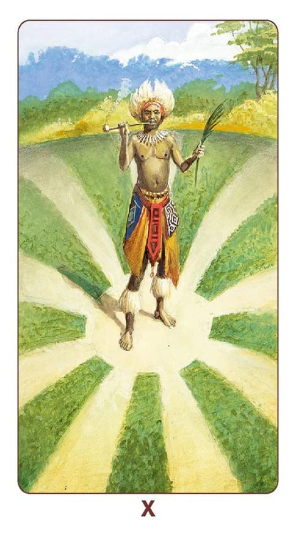 Card from a tarot deck showing a figure in a colorful outfit standing in a field with a 'X' at the bottom.