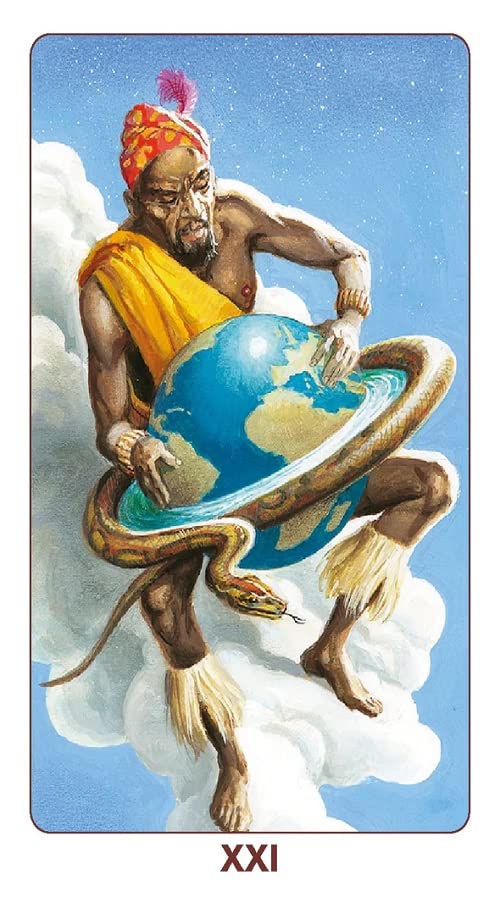 Tarot card with a figure holding the world, surrounded by clouds and a blue sky.