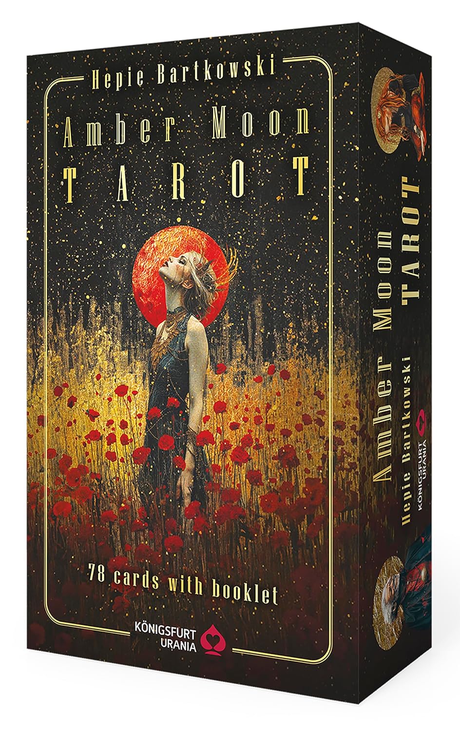 Amber Moon Tarot box with a woman in a field of red flowers and a red moon.