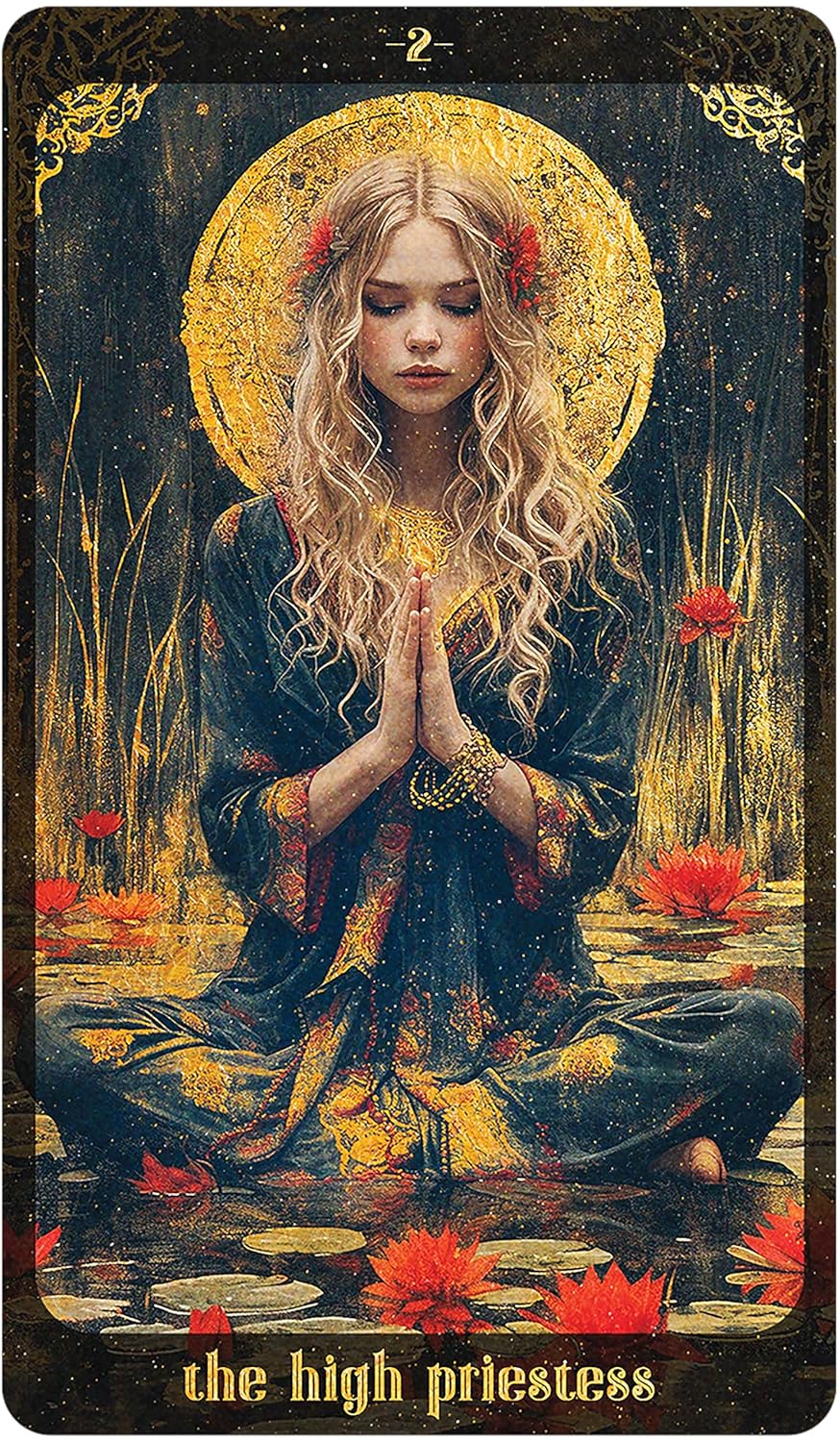 Tarot card featuring a woman with a golden halo in a pond surrounded by red flowers.
