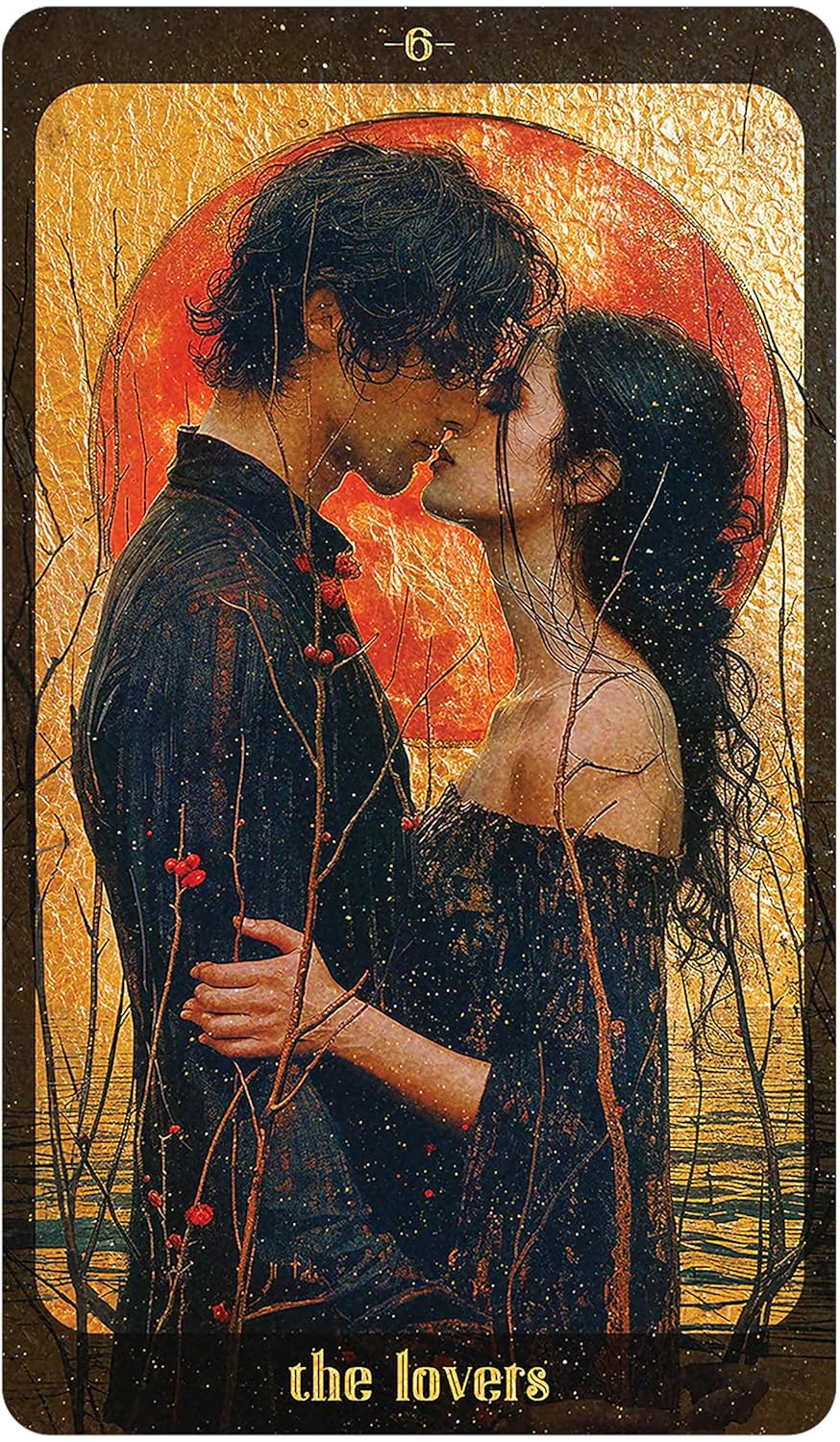 Artistic depiction of 'The Lovers' tarot card with a couple embracing against a sunset background.
