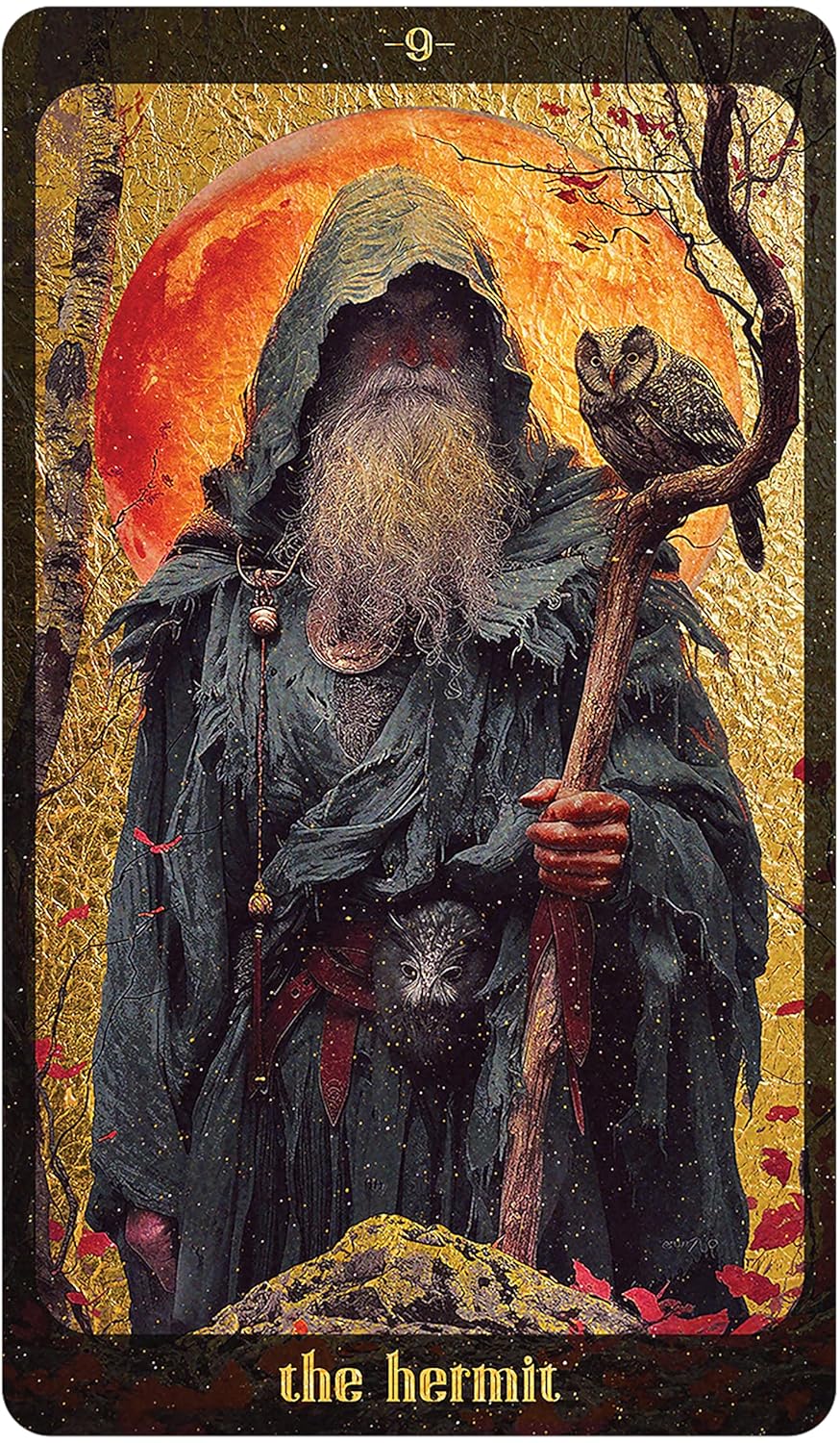 Tarot card featuring a hooded figure with an owl against a sunset background, labeled 'The Hermit'.