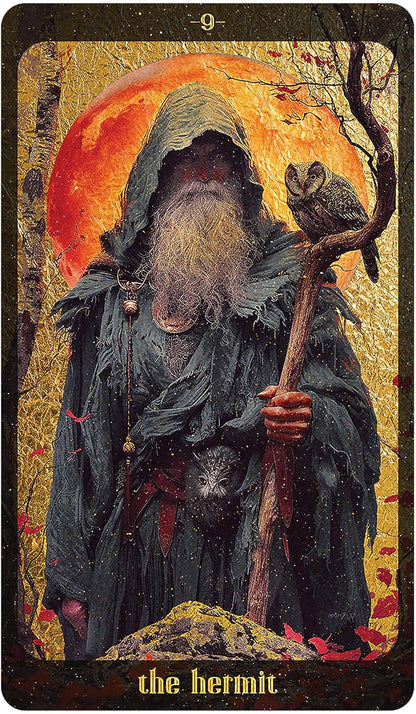 Tarot card featuring a hooded figure with an owl against a sunset background, labeled 'The Hermit'.