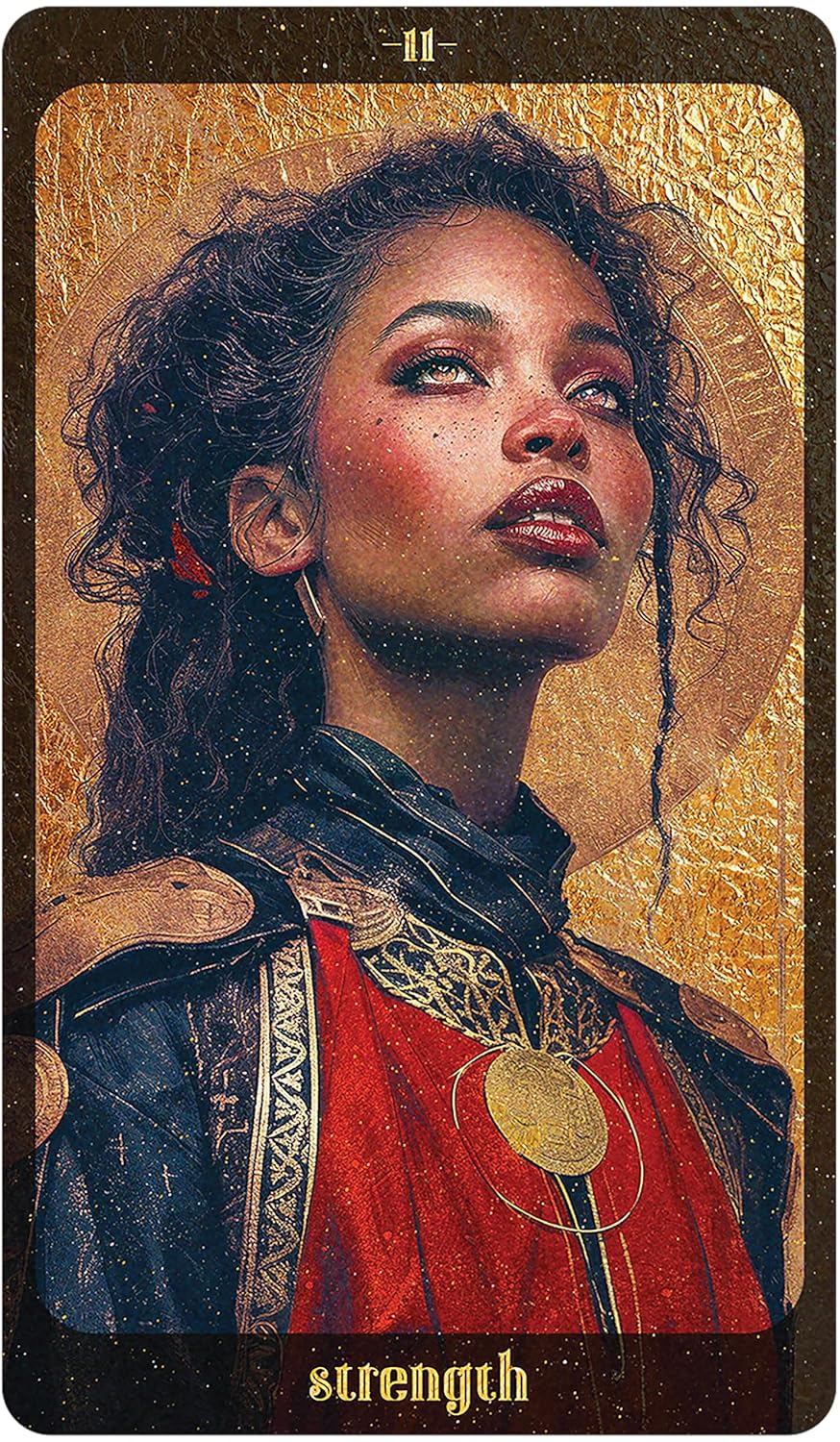 Card from a tarot deck featuring a woman with braided hair and a red and blue outfit, labeled 'Strength'.