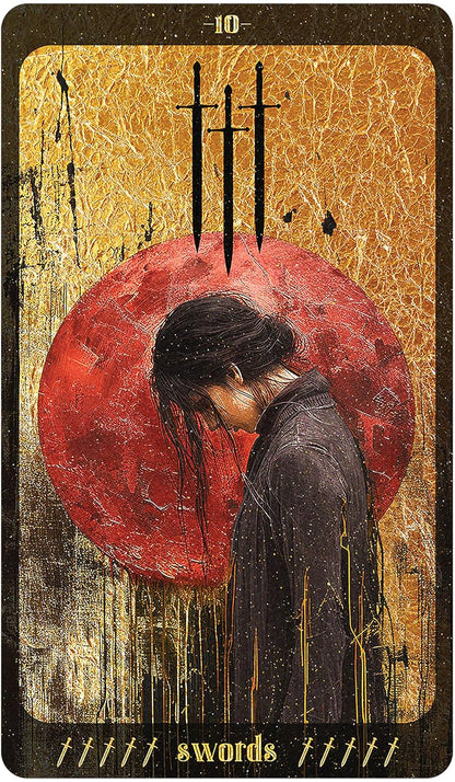 Tarot card with a person looking down at a red circle with three vertical lines above it, labeled Ten of Swords'.
