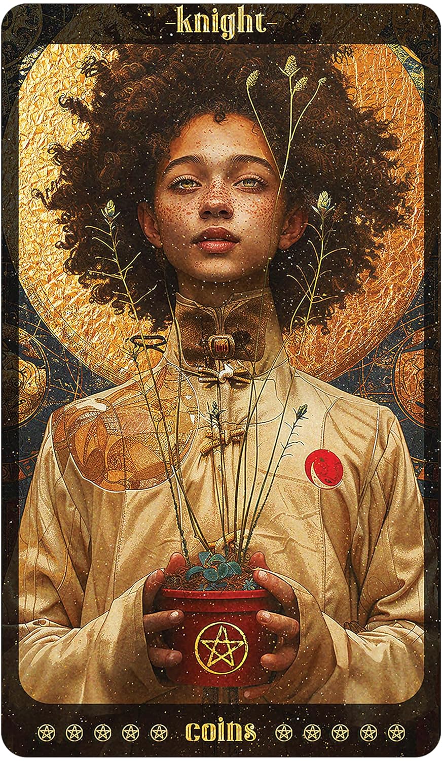 Artistic depiction of a person holding a pentacle symbol, with intricate details and a mystical atmosphere.