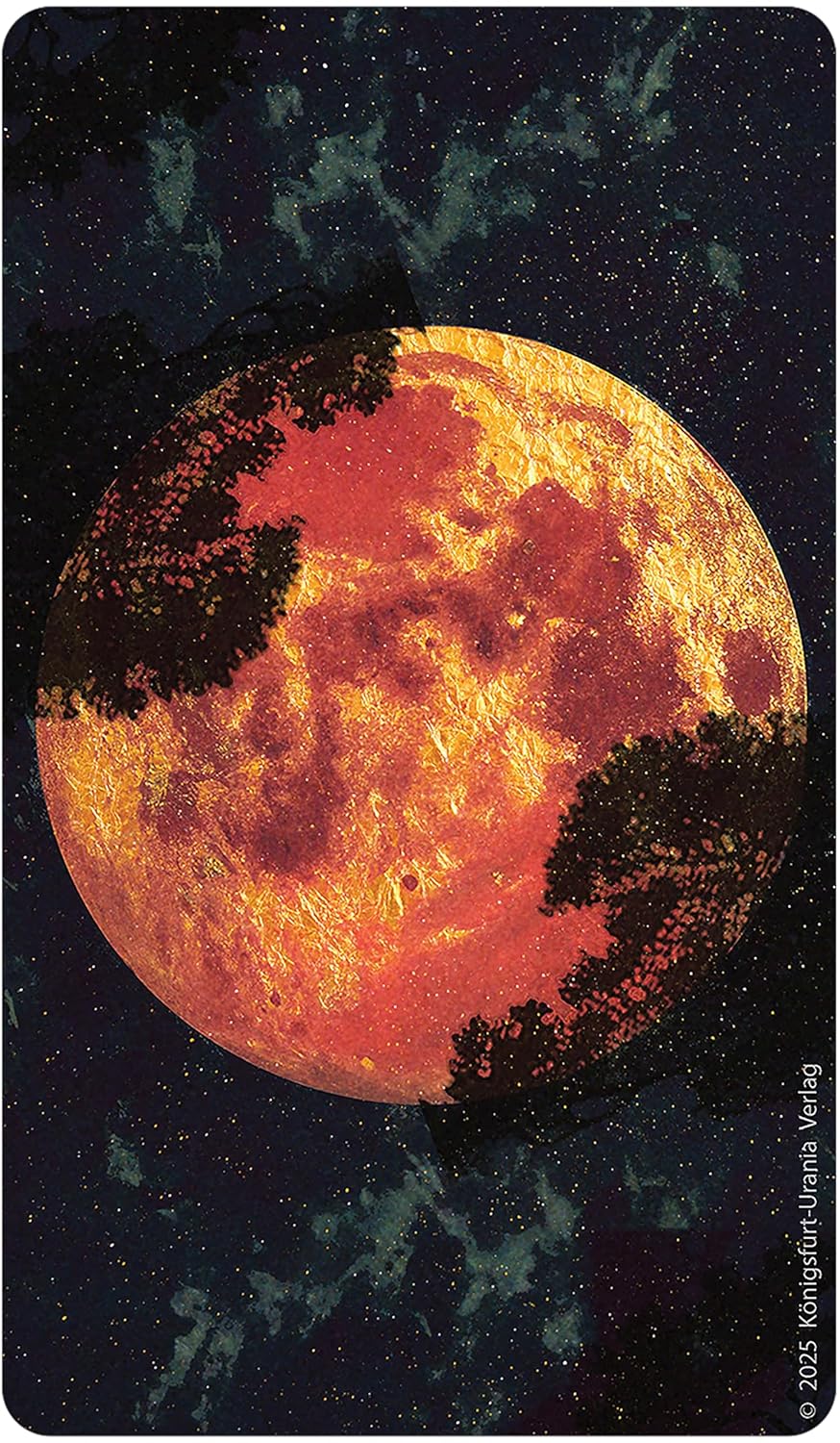 Surreal landscape with a large fiery moon and trees on a dark starry background