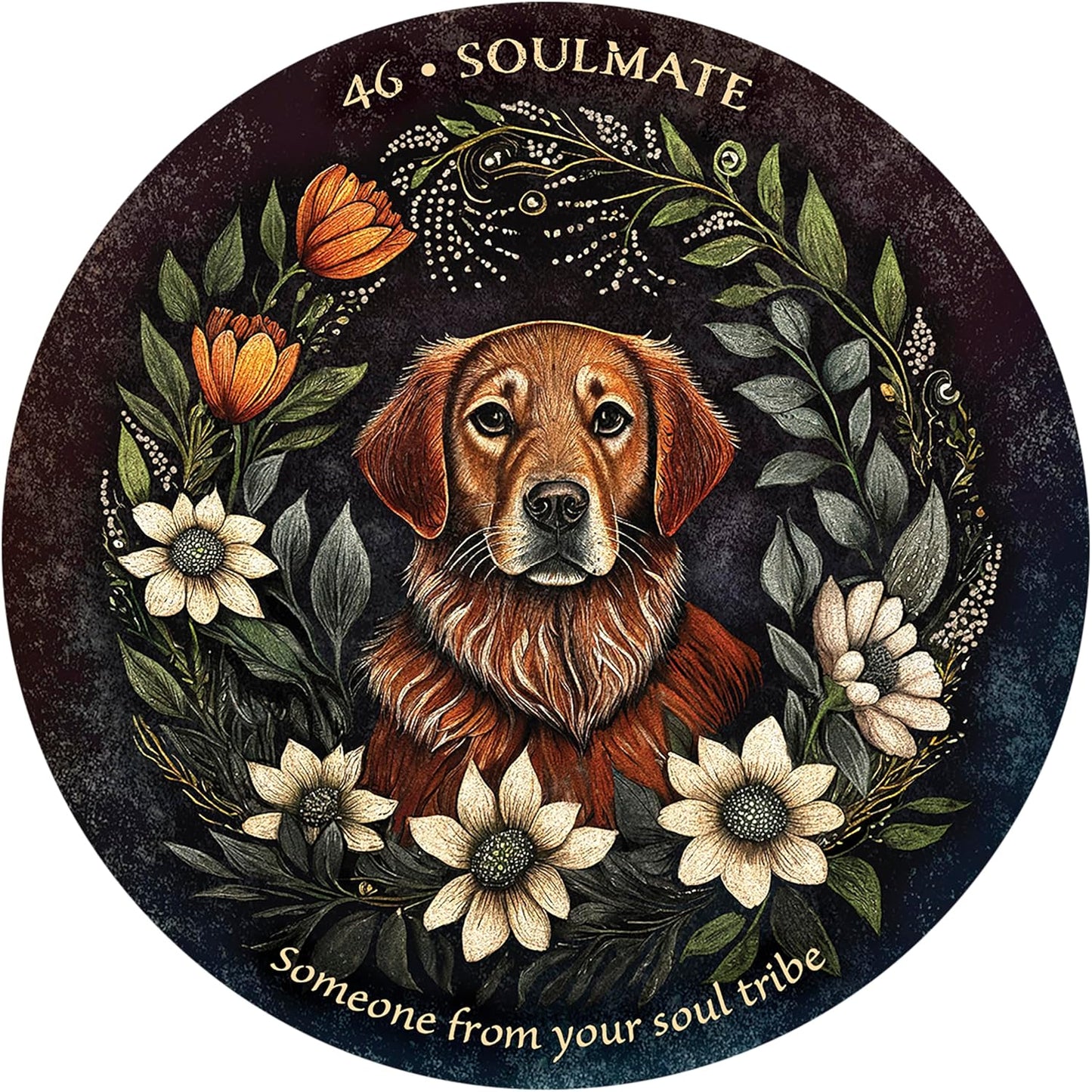 Arcana folia card deck . Card 46. Soulmate. Cute dog surrounded by foliage and flowers 