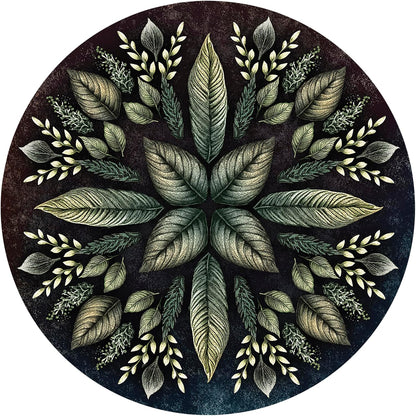 Foliage card back with green leaves and ferns. Arcana folia oracle deck. Round cards