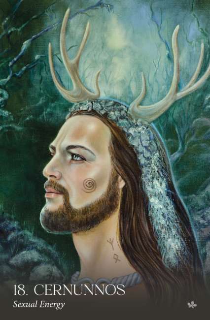 Avalon Visions Oracle deck by Cheryl Yambrach Rose featuring Celtic mystical artwork inspired by Avalon and Arthurian legend. Artistic depiction of a figure with antlers and intricate headgear against a mystical background.