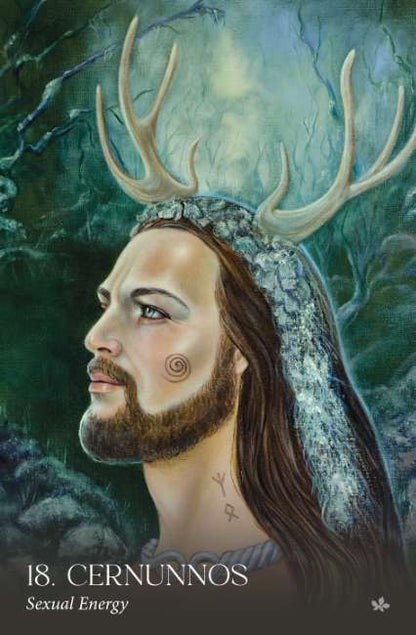 Avalon Visions Oracle deck by Cheryl Yambrach Rose featuring Celtic mystical artwork inspired by Avalon and Arthurian legend. Artistic depiction of a figure with antlers and intricate headgear against a mystical background.