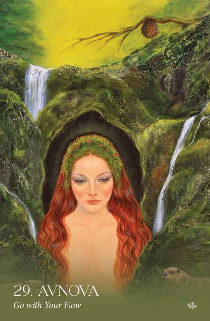 Avalon Visions Oracle deck by Cheryl Yambrach Rose featuring Celtic mystical artwork inspired by Avalon and Arthurian legend. Artistic depiction of a woman with red hair in a natural setting with waterfalls and greenery.