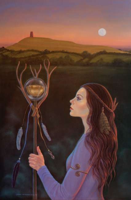 Avalon Visions Oracle deck by Cheryl Yambrach Rose featuring Celtic mystical artwork inspired by Avalon and Arthurian legend. Woman holding a staff with a spherical object, set against a landscape with a hill and moon.