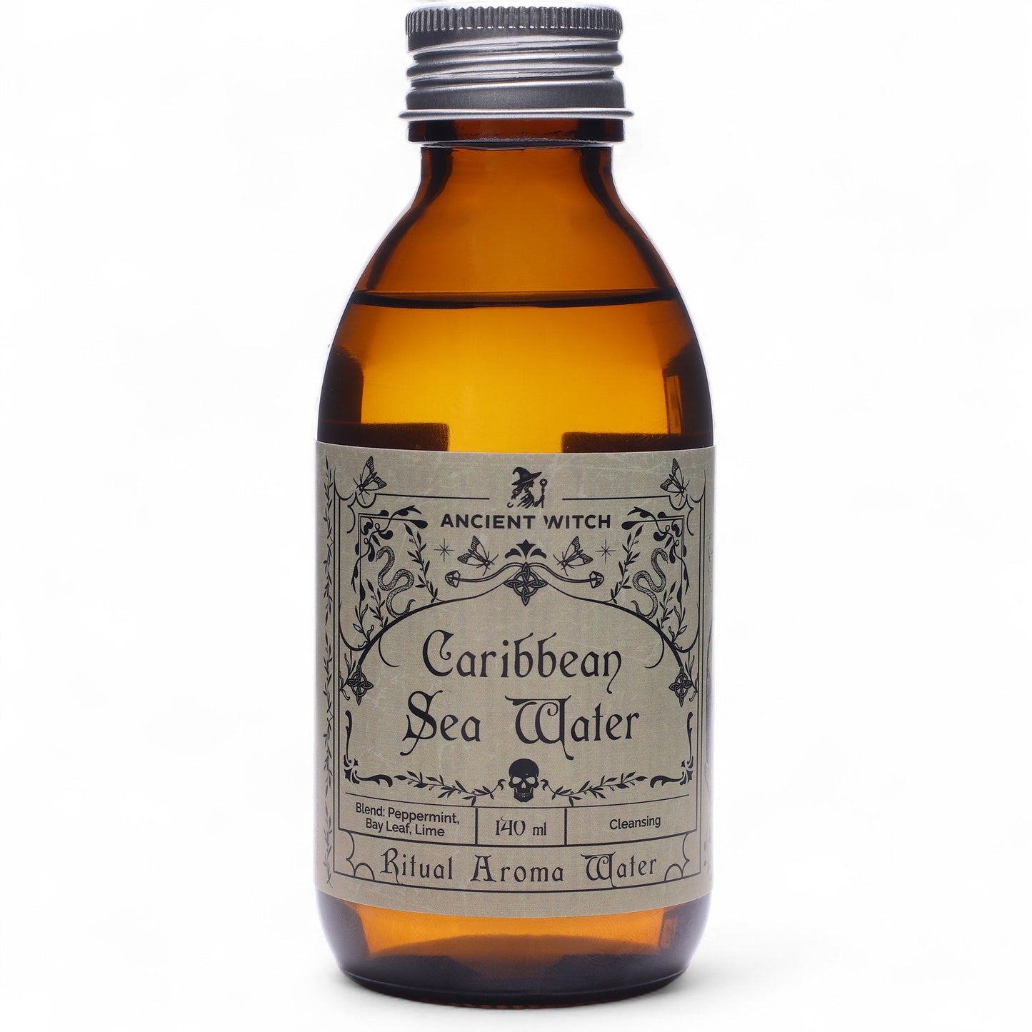 Bottle of 'Caribbean Sea Water' ritual aroma water with a label on a white background
