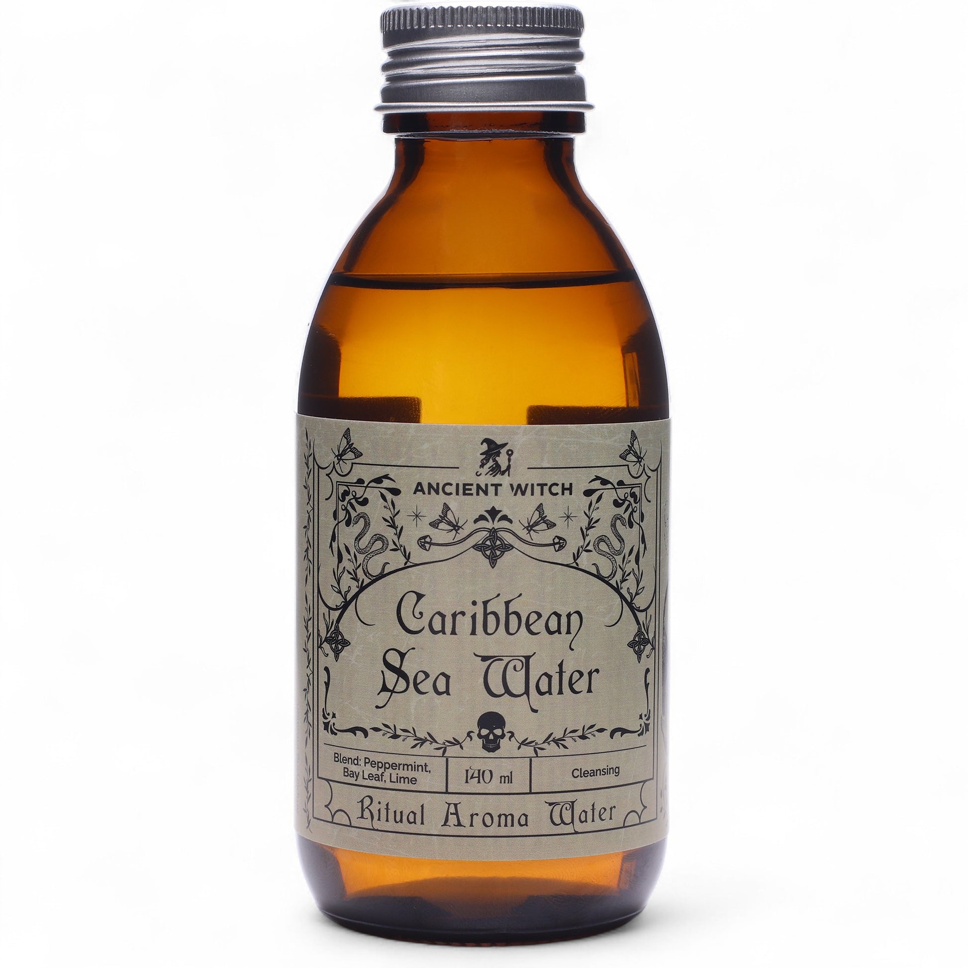 Bottle of 'Caribbean Sea Water' ritual aroma water with a label on a white background