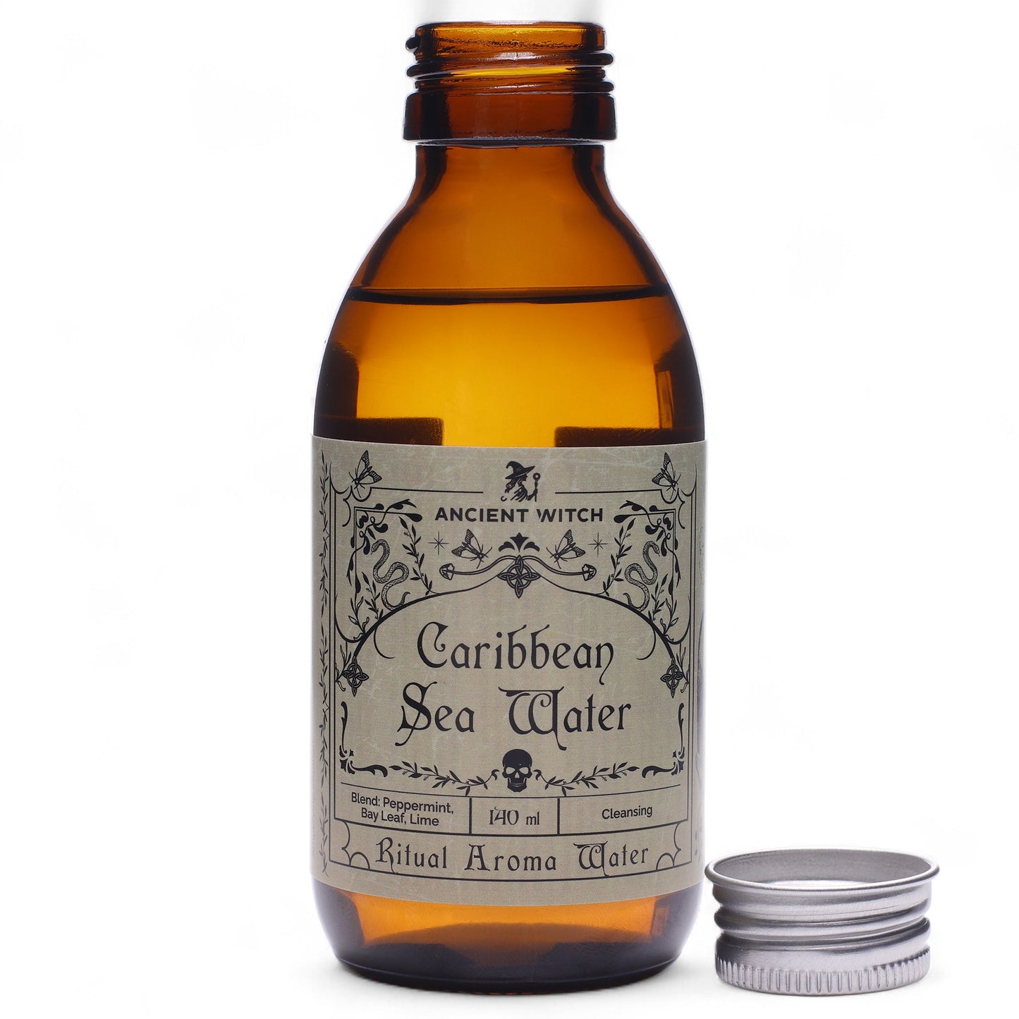 Brown bottle with label 'Caribbean Sea Water' by Ancient Witch on a white background
