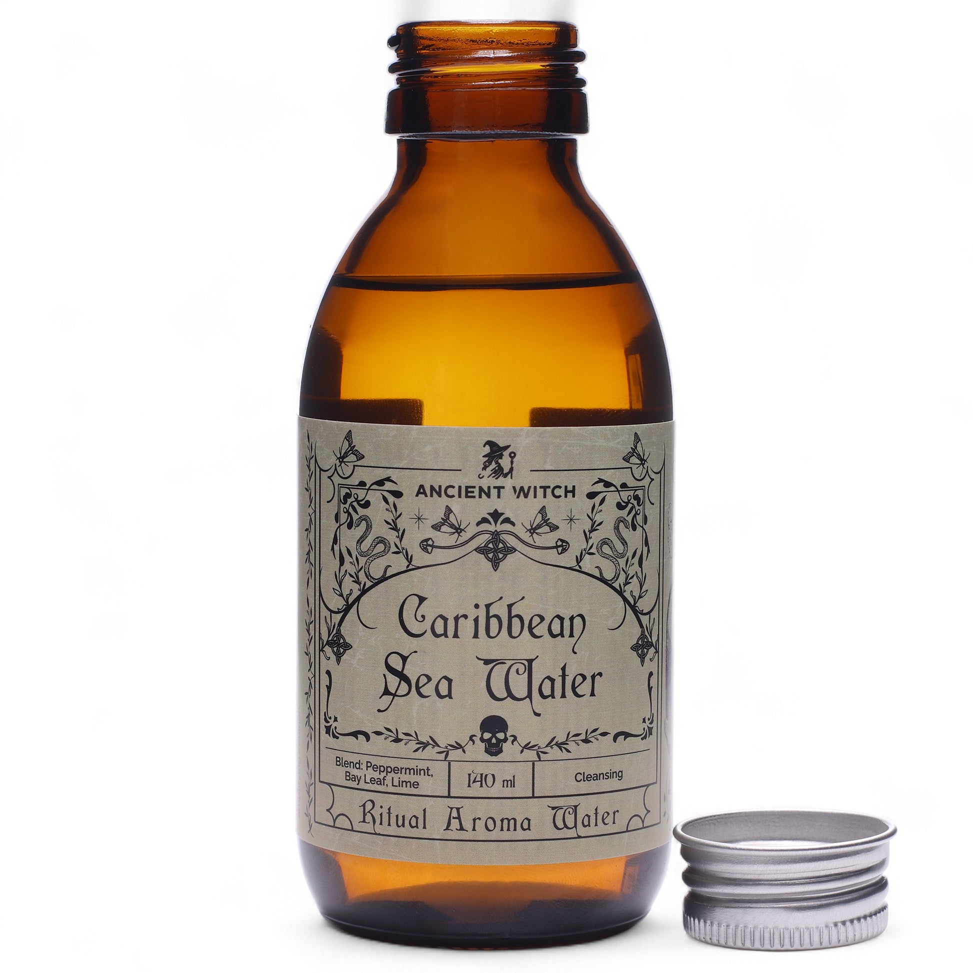 Brown bottle with label 'Caribbean Sea Water' by Ancient Witch on a white background