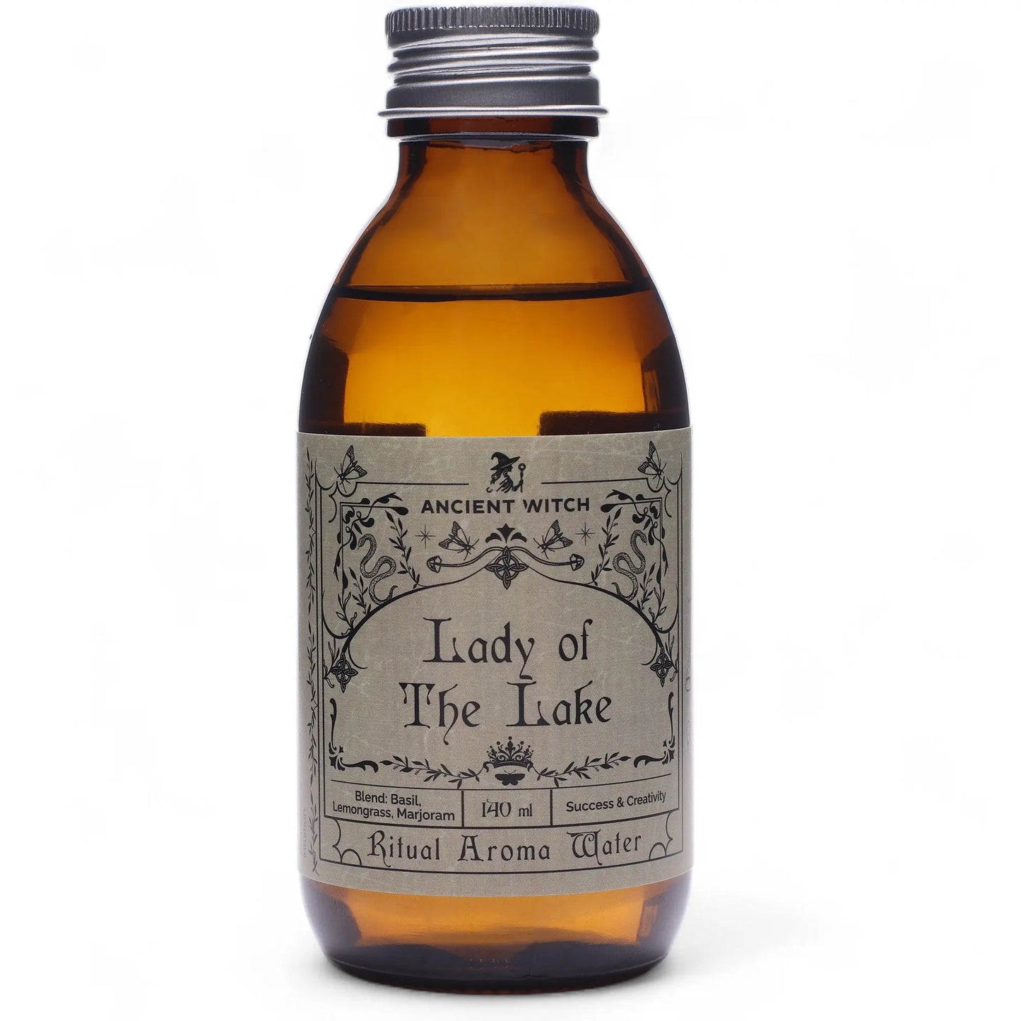 Bottle of 'Lady of The Lake' ritual aroma water with a silver cap on a white background